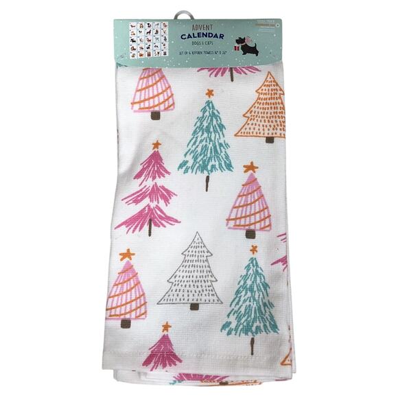 (4) Christmas Tree Kitchen Towels Set of 4 Advent Calendar OEKO Tex New Dogs Cat - Picture 1 of 4